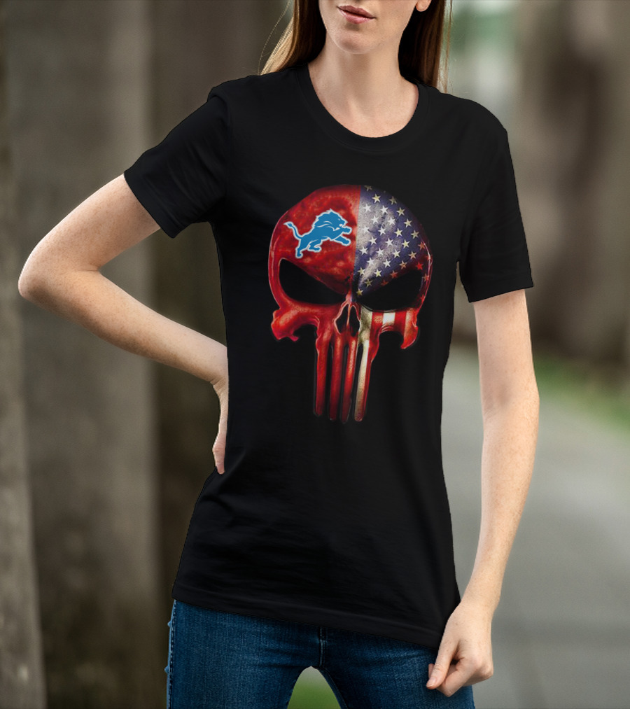 Patriotic Detroit Lions Punisher Skull T-Shirt