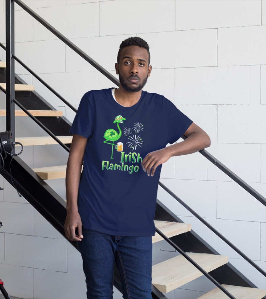 Irish Flamingo Drinking Beer St Patricks Day Shamrock Fireworks T-Shirt
