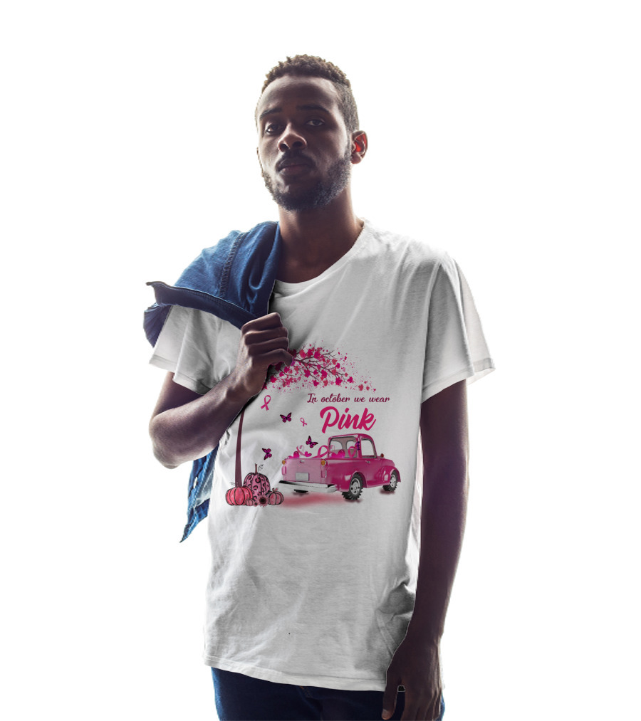 In October We Wear Pink Butterfly Tree Truck Ribbons Pumpkins T-Shirt