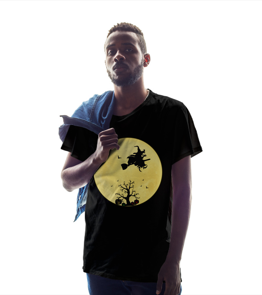 Halloween Witch Flying On Broomstick Over Full Moon With Jack-O'-Lanterns T-Shirt