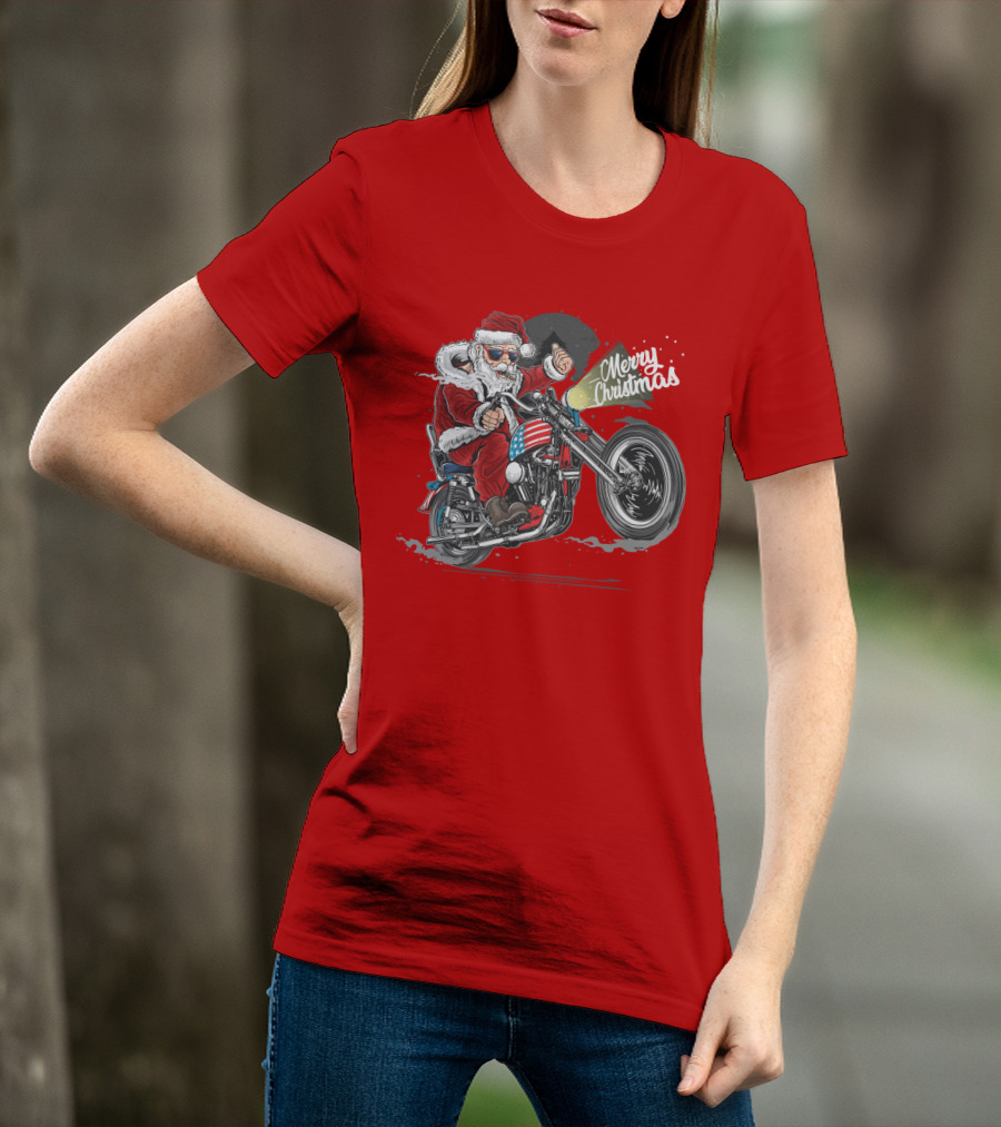 Merry Christmas Santa Claus Motorcycle USA America T-Shirt