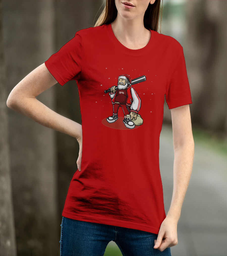 Santa Ho Ho Gangster Style With Baseball Bat And Bag T-Shirt
