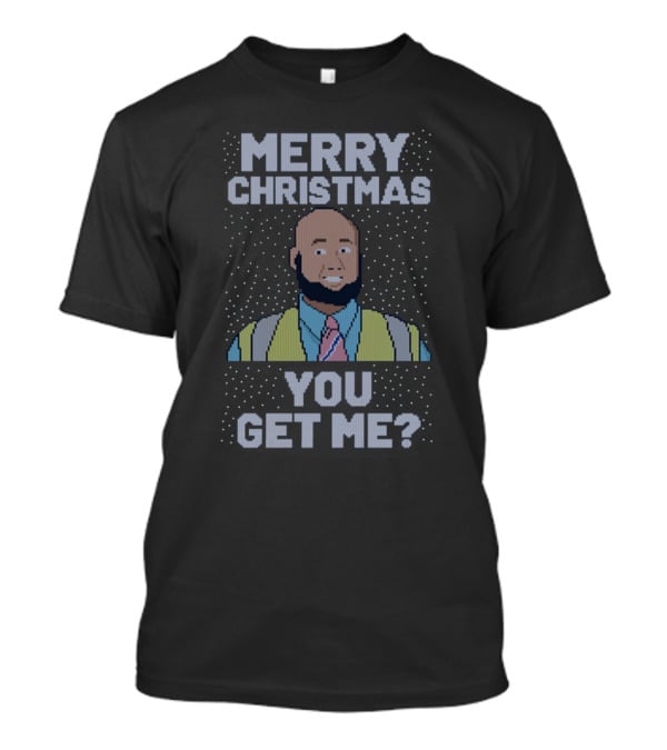 Merry Christmas You Get Me Bald Bearded Man In Tie And V-Neck Sweater Pixel T-Shirt