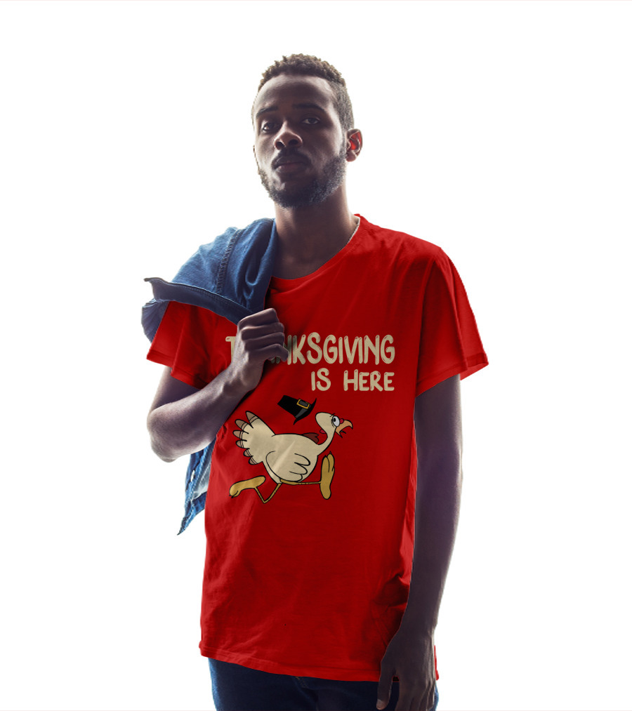 Thanksgiving Is Here Turkey With Pilgrim Hat On Red T-Shirt