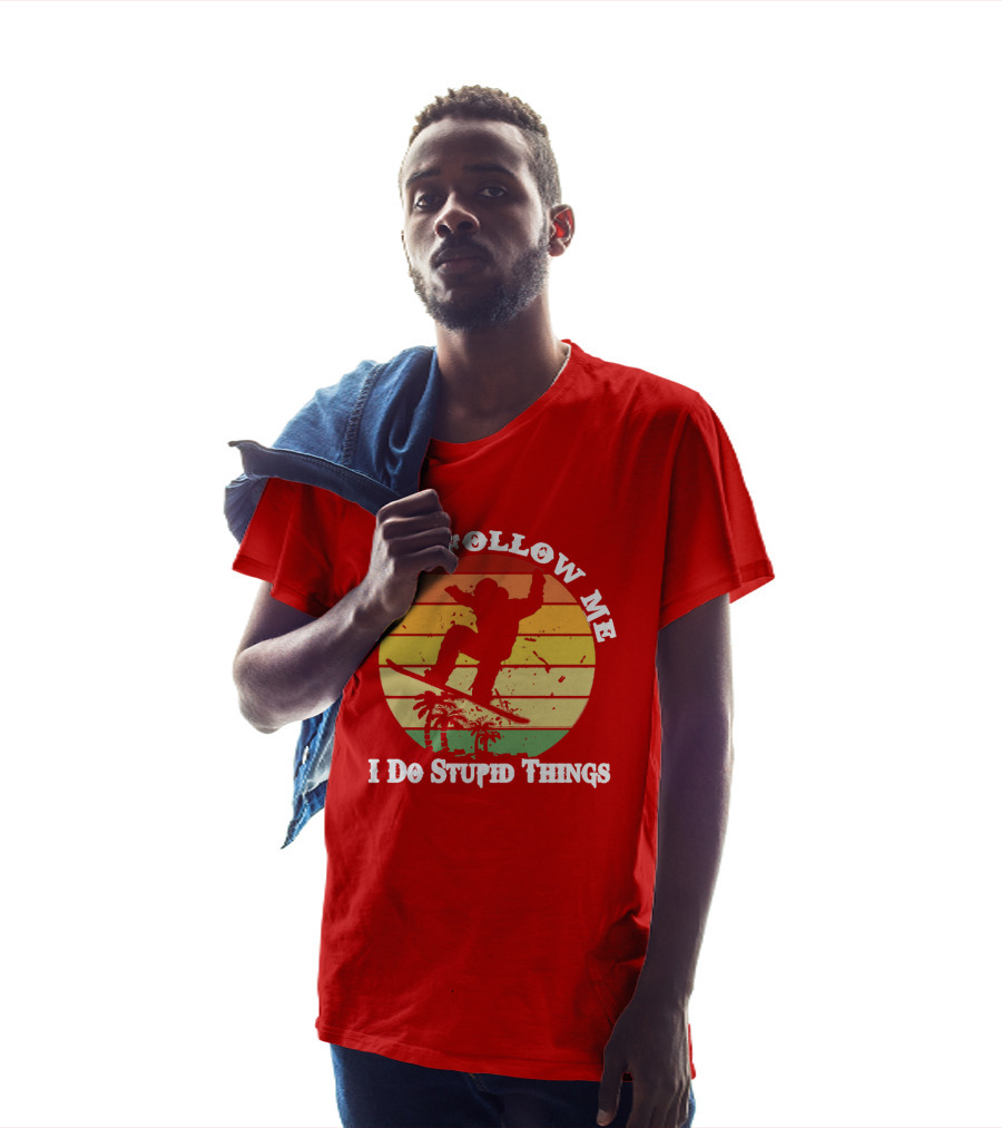 Don't Follow Me I Do Stupid Things Skateboarding Silhouette With Palm Trees And Sunset Stripes T-Shirt
