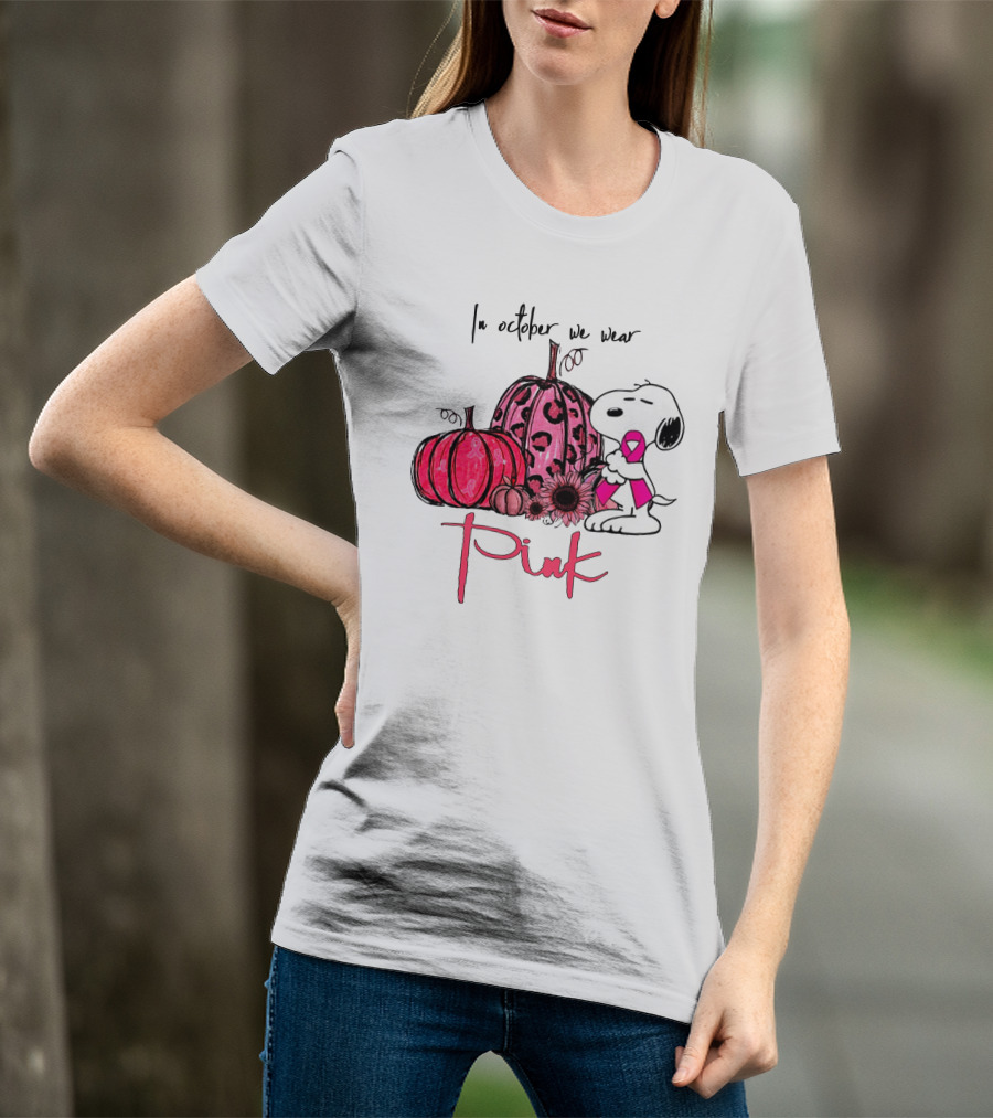 Snoopy Pink Ribbon Pumpkin In October We Wear Pink T-Shirt