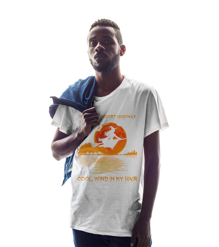 Witch Flying Over Moonlit Desert Highway Cool Wind In My Hair T-Shirt