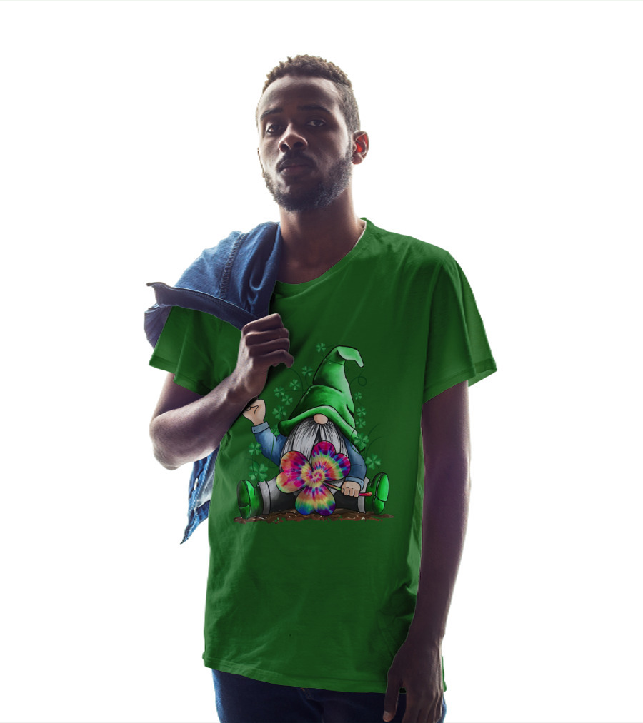 Hippie Gnome Irish With Tie-Dye Shamrock And Peace Sign T-Shirt