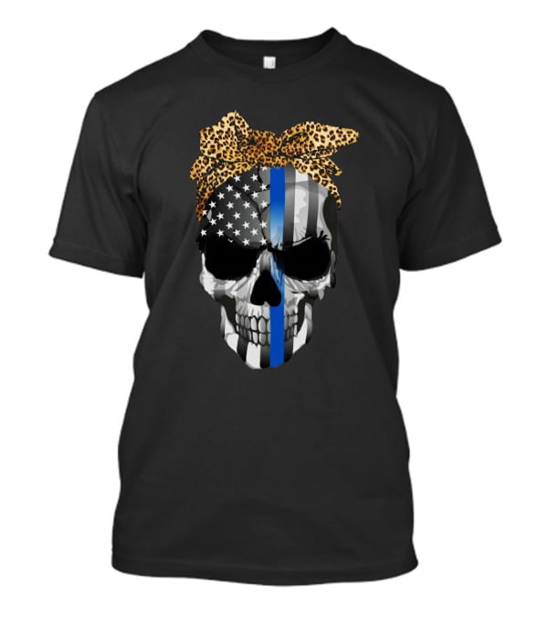Thin Blue Line American Flag Skull With Leopard Bow T-Shirt