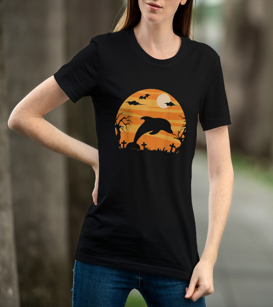 Dolphin Halloween Moon Graveyard Scene With Bats And Trees T-Shirt