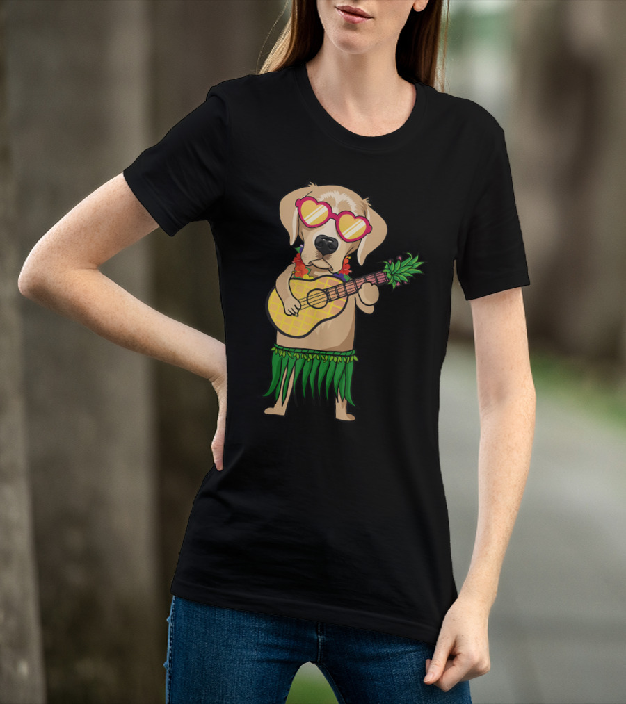 Labrador Retriever Ukulele Playing In Hawaiian Costume With Sunglasses Summer Vibes T-Shirt