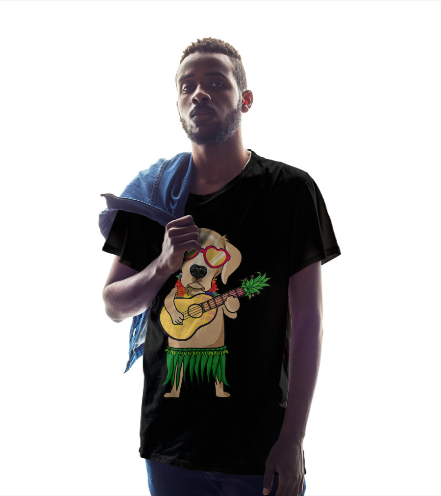 Labrador Retriever Ukulele Playing In Hawaiian Costume With Sunglasses Summer Vibes T-Shirt