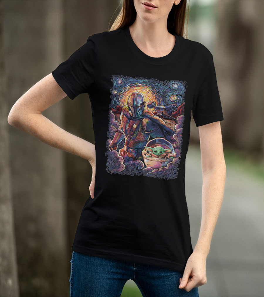 Mandalorian And Grogu Starry Night Art Style T-Shirt