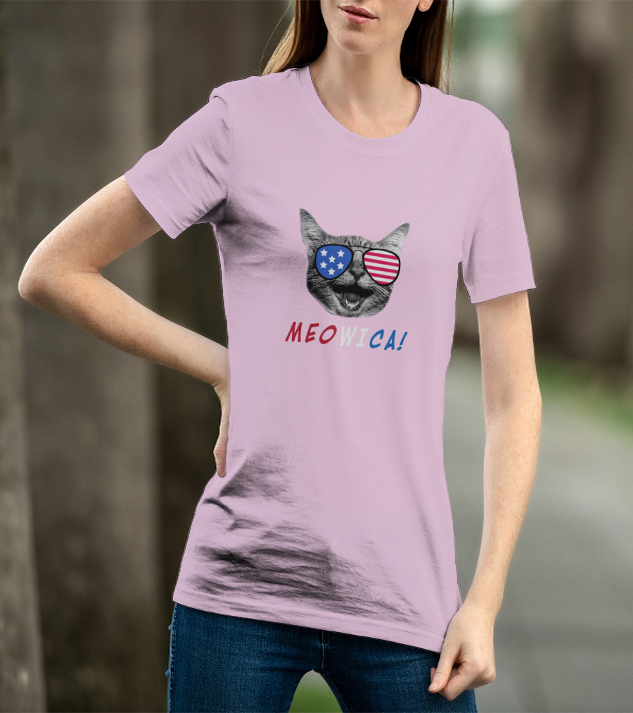 Meowica Cat Wearing American Flag Sunglasses T-Shirt