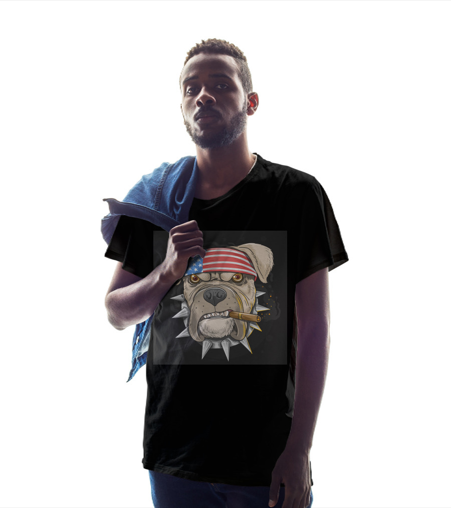 American Flag Bandana Bulldog With Cigar And Spiked Collar T-Shirt