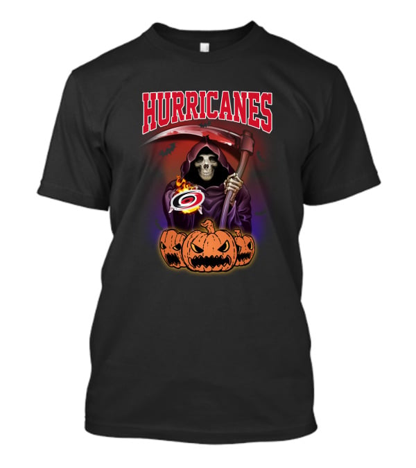 Hurricanes Reaper Holding Hockey Logo Surrounded By Pumpkins And Bats T-Shirt