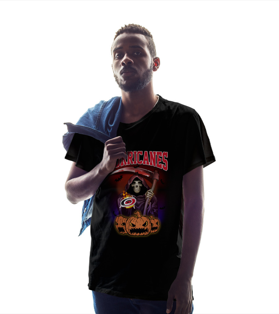 Hurricanes Reaper Holding Hockey Logo Surrounded By Pumpkins And Bats T-Shirt