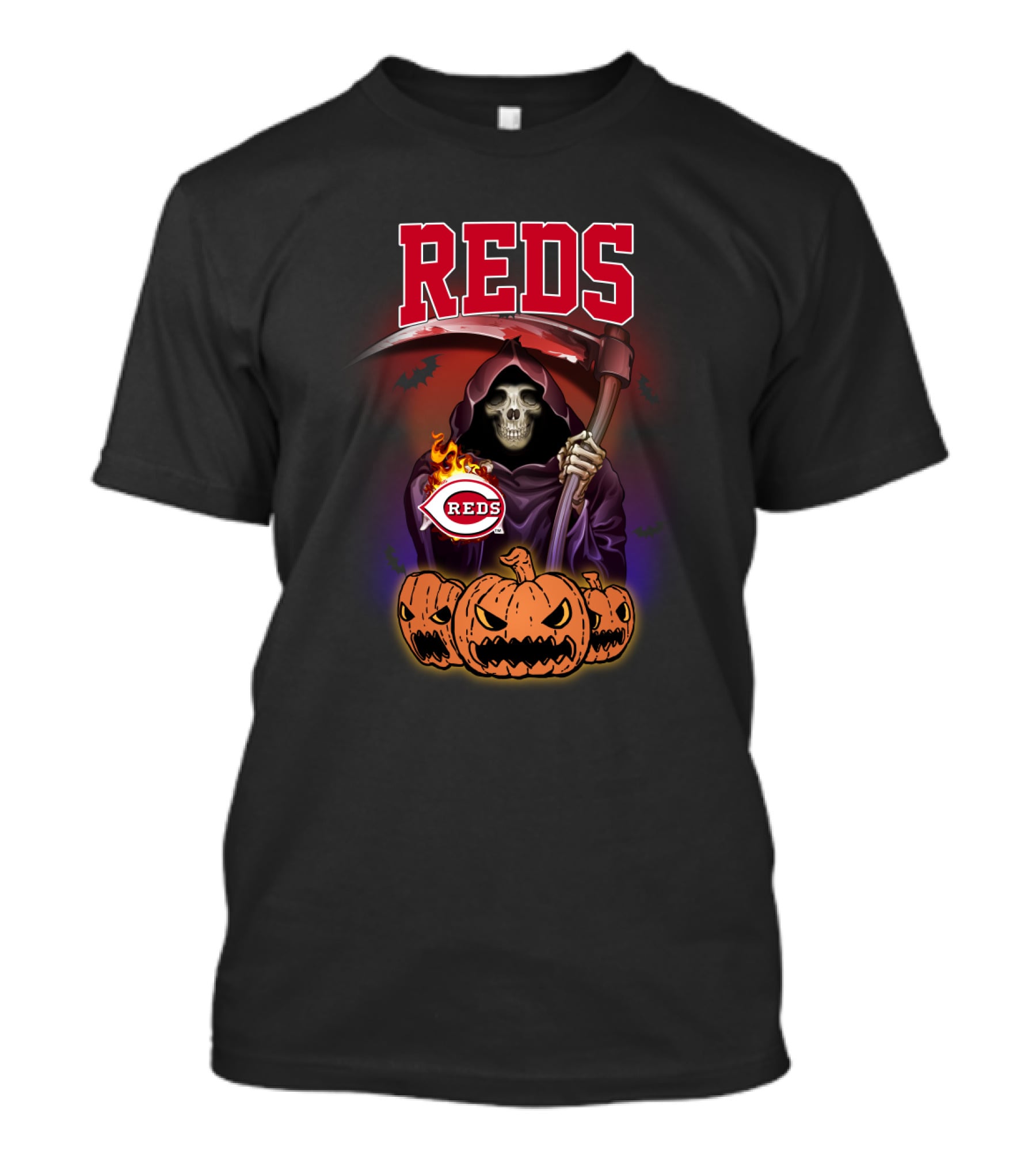 Cincinnati Reds Reaper With Scythe And Pumpkins Halloween T-Shirt