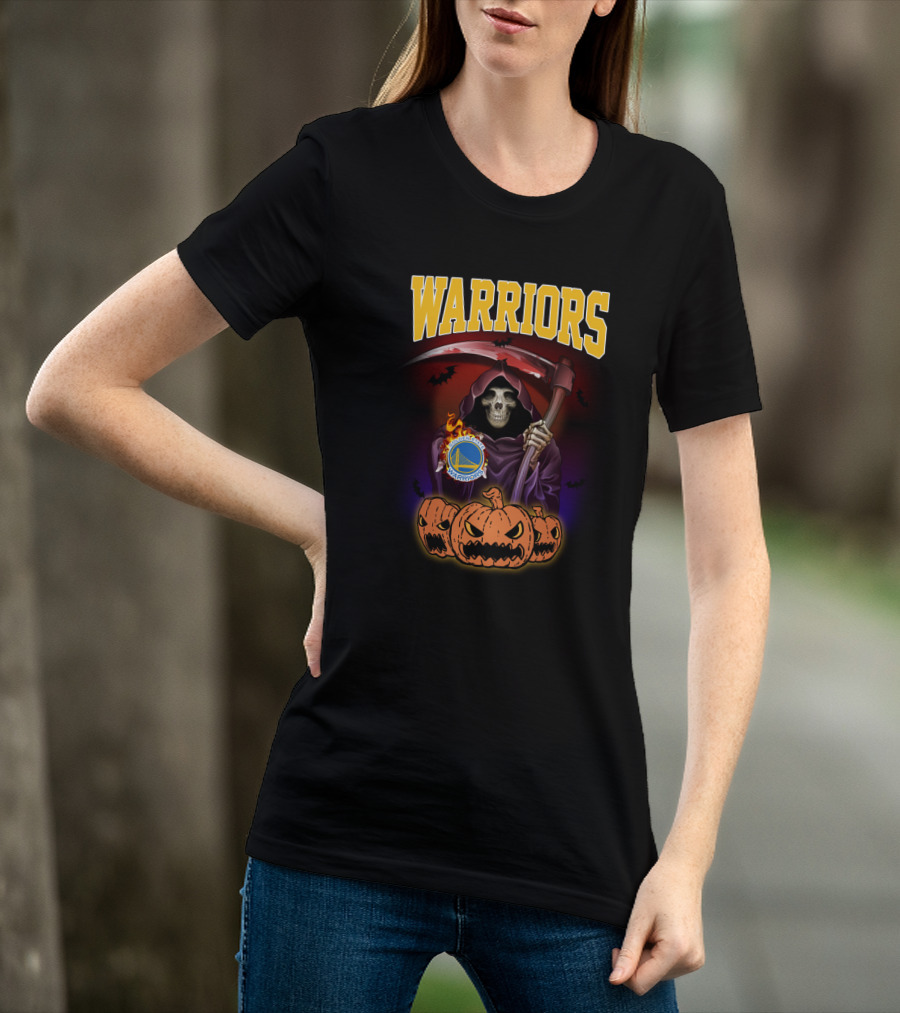 Warriors Grim Reaper Halloween With Golden State Warriors Logo And Pumpkins T-Shirt