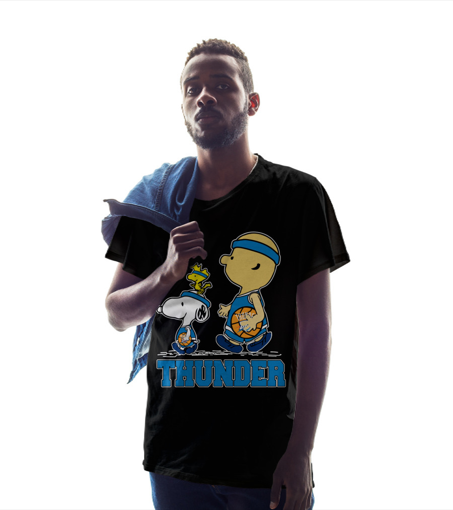 Snoopy And Oklahoma City Thunder Basketball Fans Walking With Woodstock T-Shirt