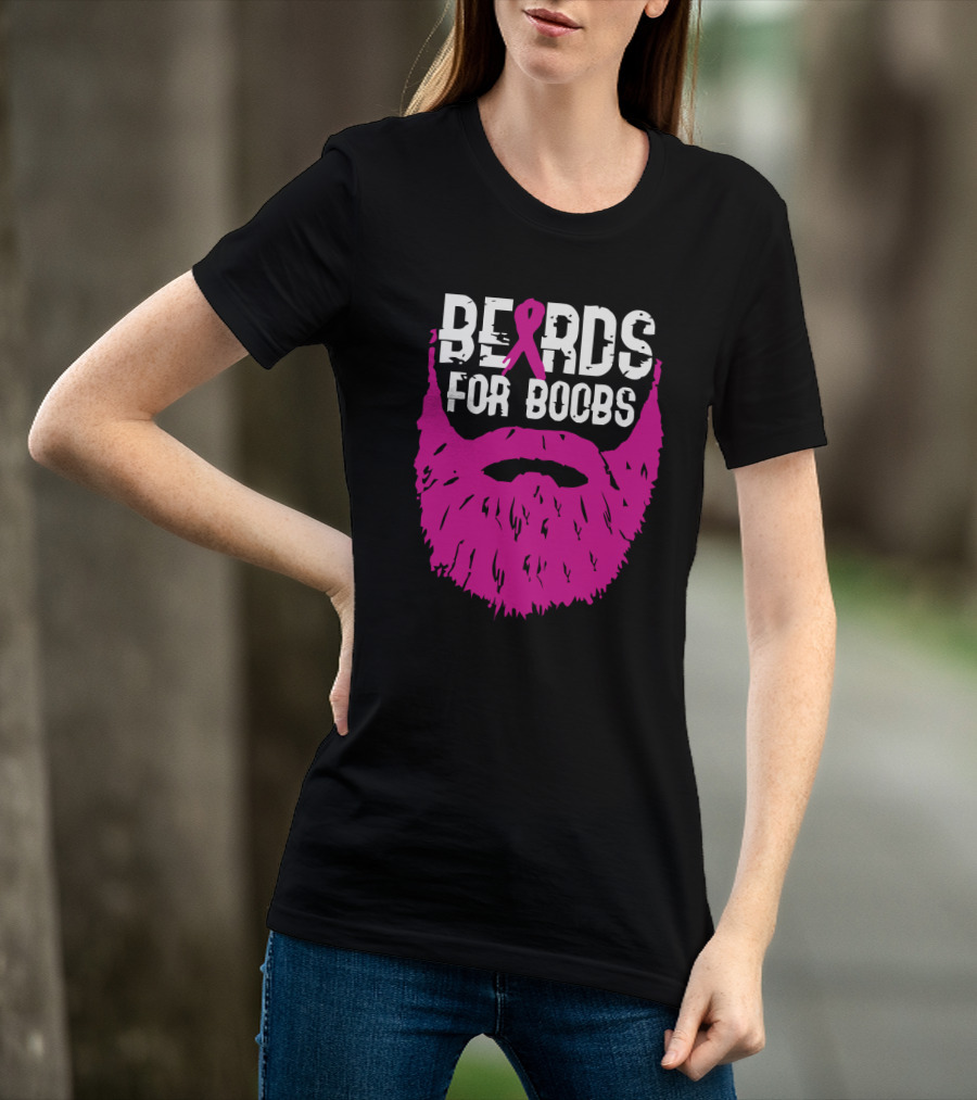 Beards For Boobs Breast Cancer Awareness Pink Ribbon Beard T-Shirt