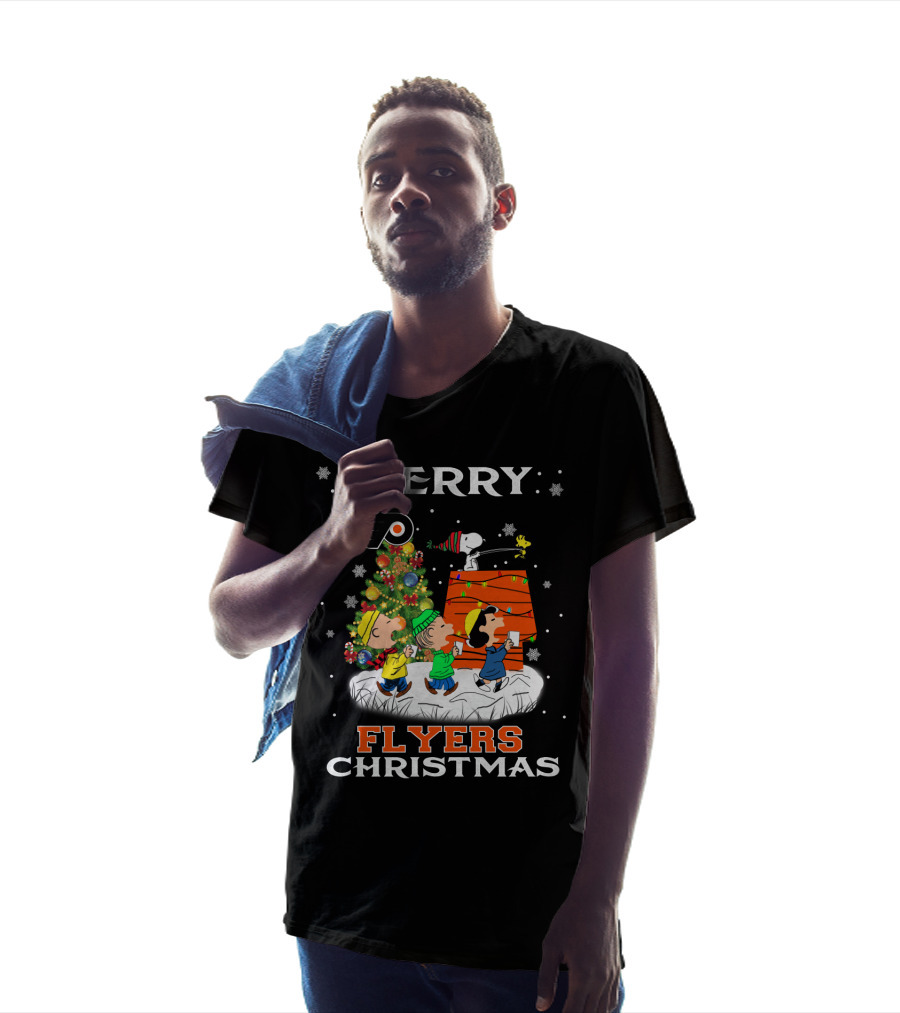 Merry Philadelphia Flyers Christmas Snoopy Tree Woodstock Lucy Charlie Brown Linus Snowflakes T-Shirt