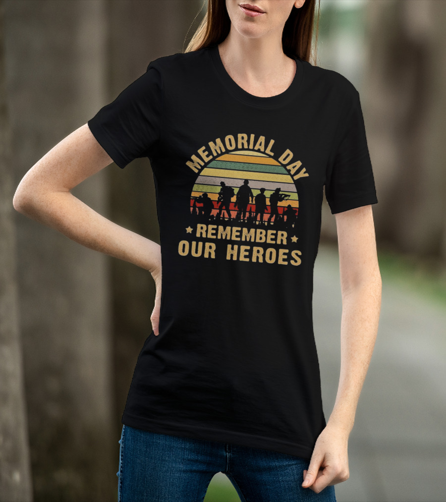 Memorial Day Remember Our Heroes Silhouette Vintage Stripes T-Shirt