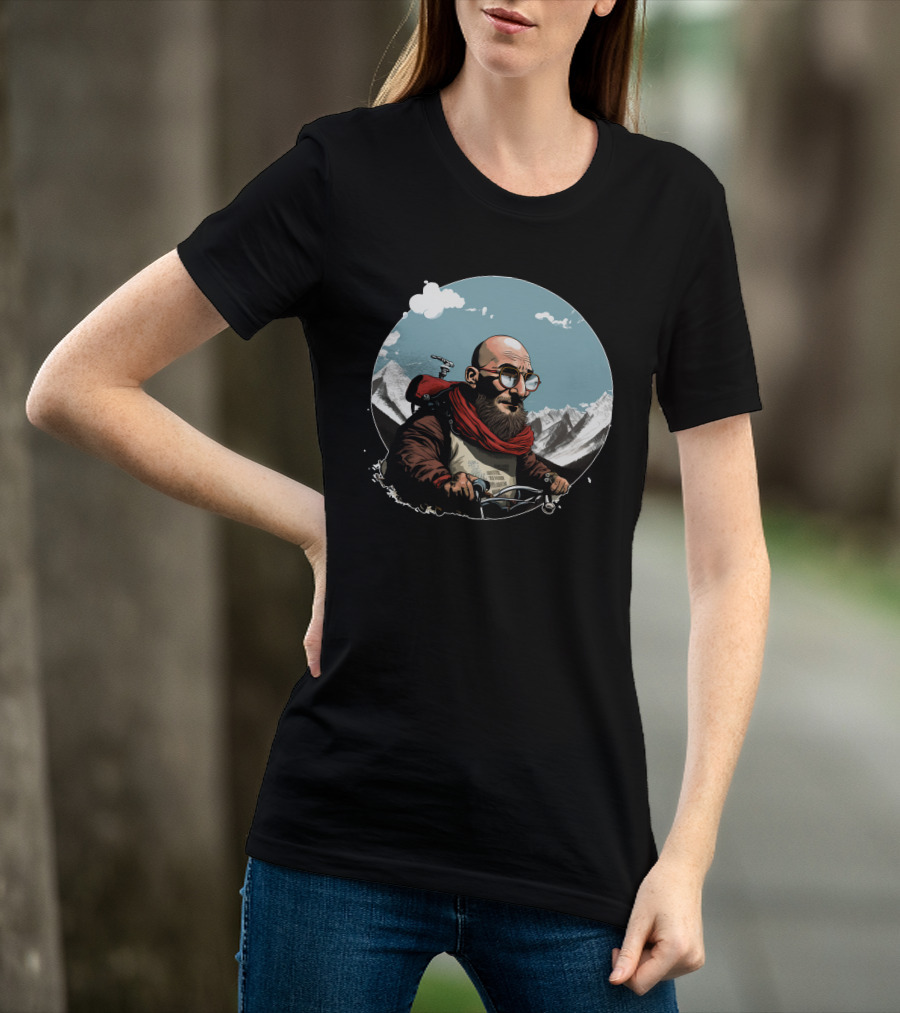 Bald Man On Motorcycle Through Mountain Landscape With Red Scarf And Glasses T-Shirt