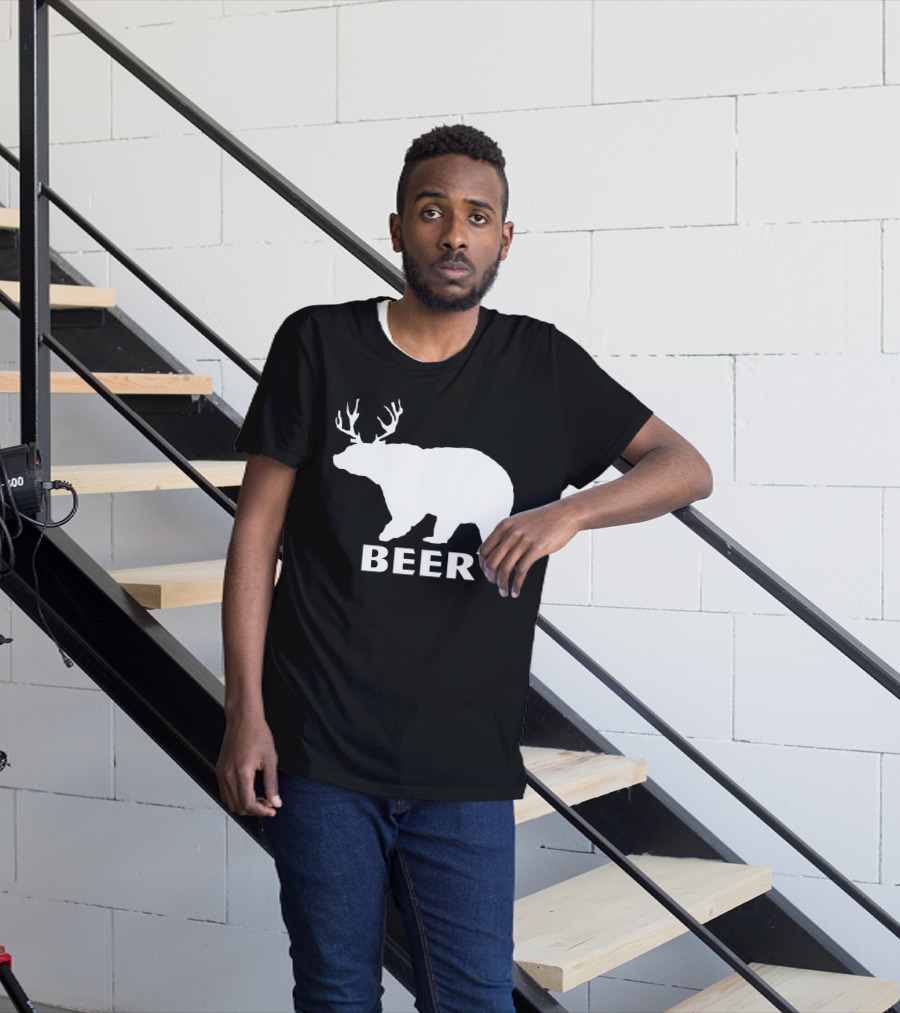 Beer Funny Drinking Bear With Antlers T-Shirt