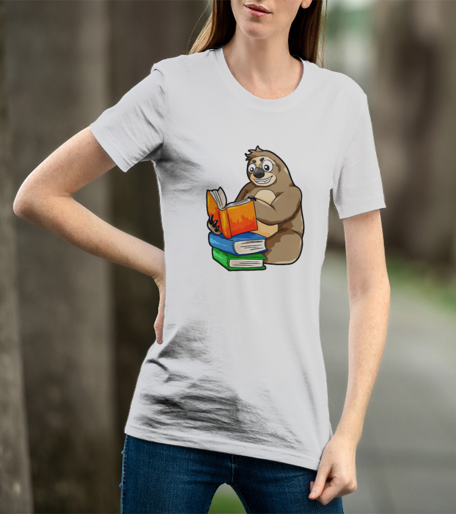 Sloth Enjoying A Stack Of Colorful Books For Literacy And Knowledge Study T-Shirt