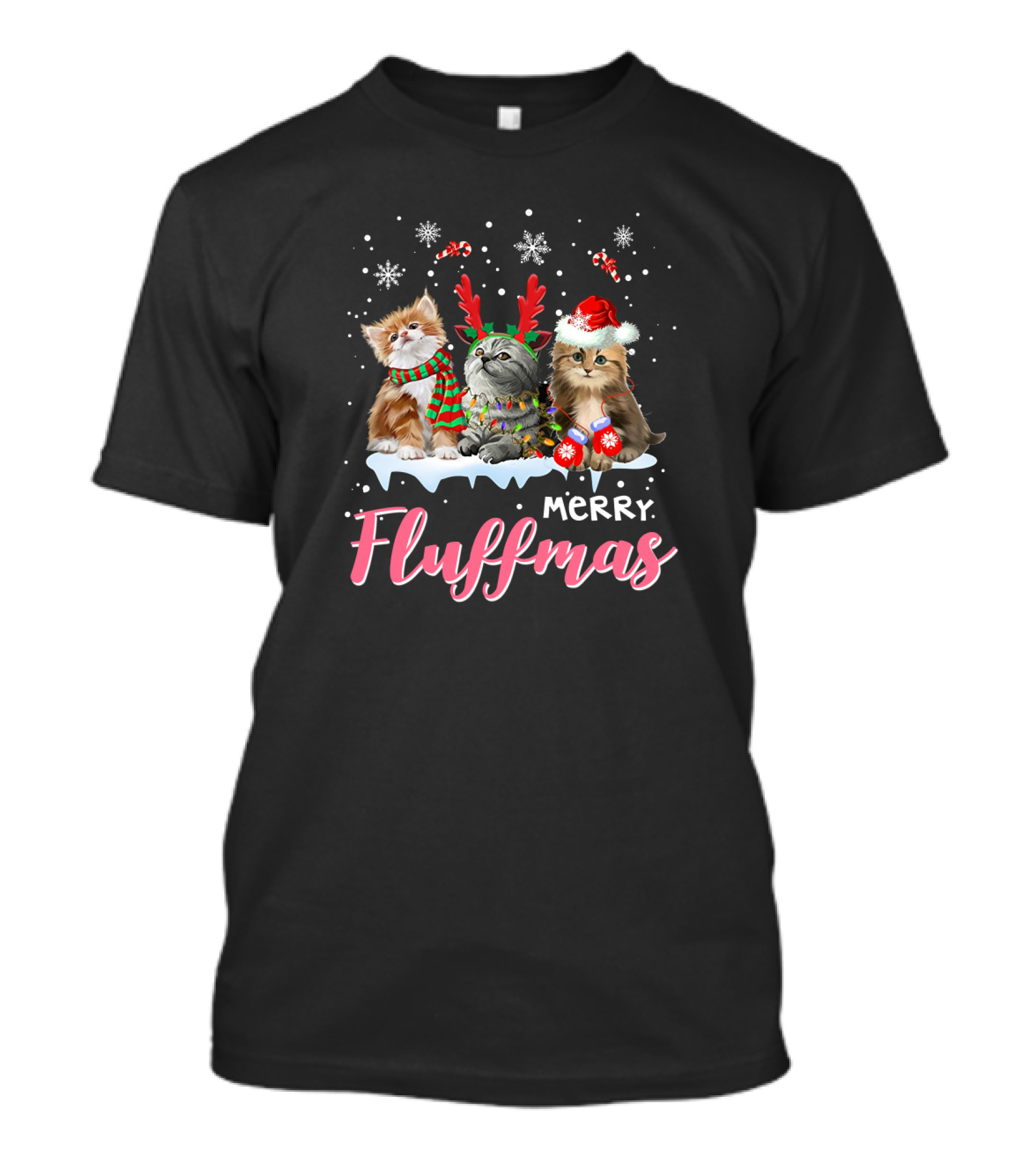 Merry Fluffmas Cute Festive Cats With Snowflakes And Candy Canes T-Shirt
