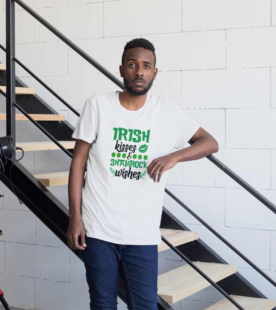 Irish Kisses And Shamrock Wishes With Clovers And Green Lips T-Shirt