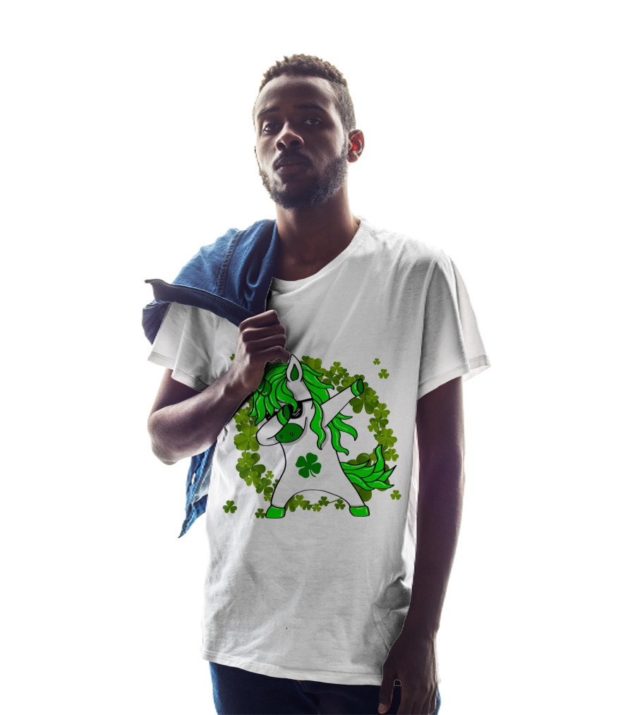 St. Patrick's Day Clover Unicorn Dabbing With Shamrock Mane Surrounded By Green Clovers T-Shirt