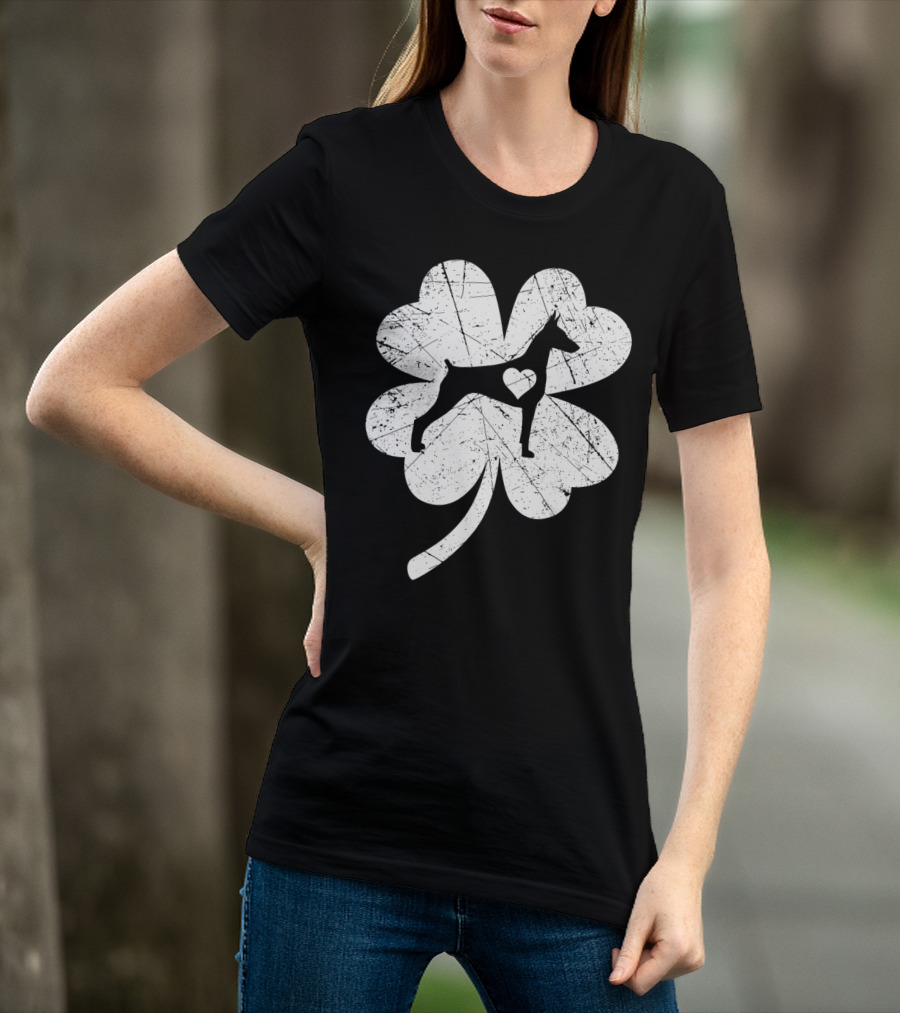 Doberman Silhouette Heart Shamrock Clover St Patricks Day Irish T-Shirt