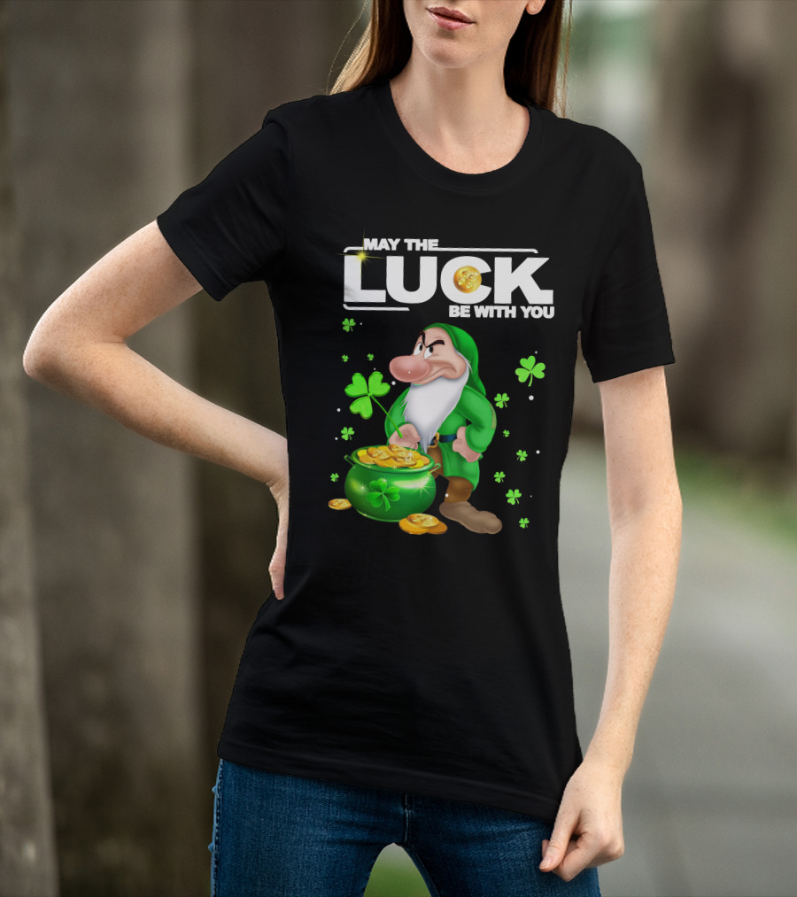 MAY THE LUCK BE WITH YOU Grumpy Gnome With Coins And Clovers T-Shirt