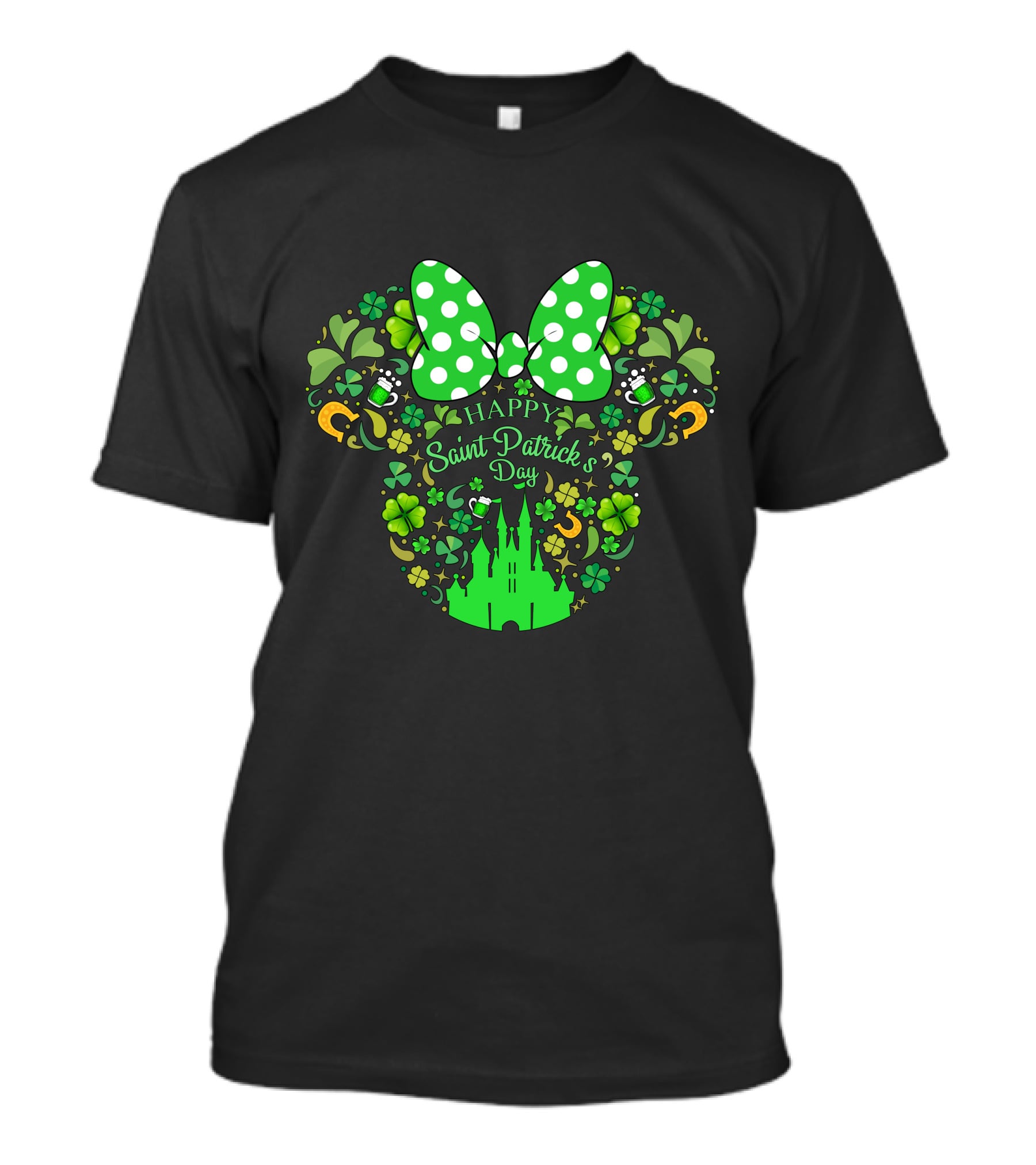 Minnie Mouse Happy Saint Patrick's Day With Shamrocks And Castle T-Shirt