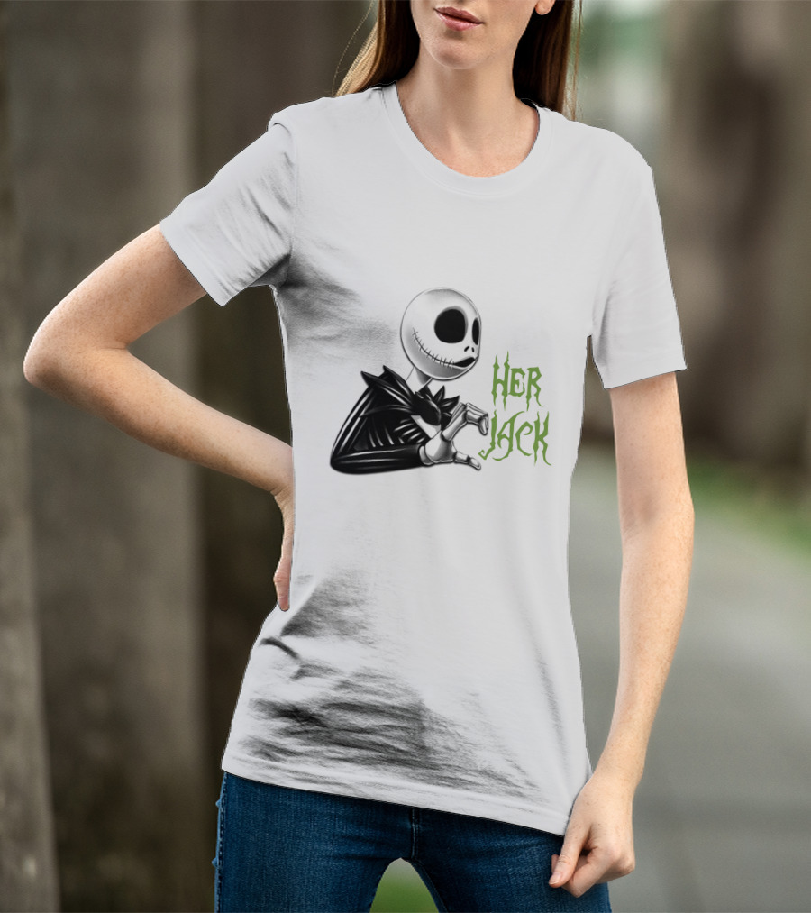 Her Jack Skeleton Character Sketch Black And White Green Lettering T-Shirt