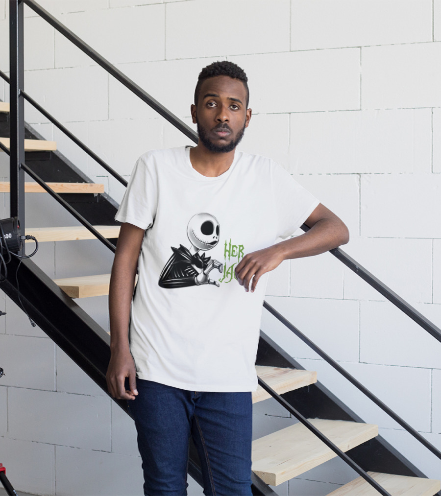 Her Jack Skeleton Character Sketch Black And White Green Lettering T-Shirt