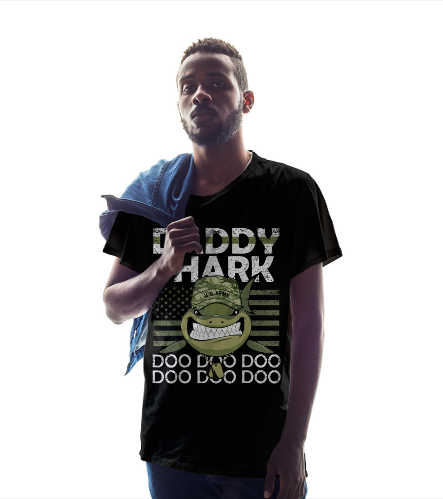 U.S. Army Daddy Shark Doo Doo Doo With American Flag And Military Hat T-Shirt