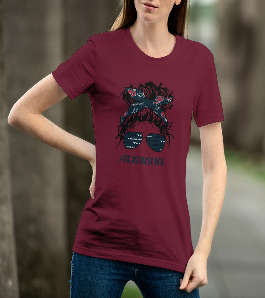 Houston Texans Hashtag Texanslife Messy Bun Headband Glasses T-Shirt