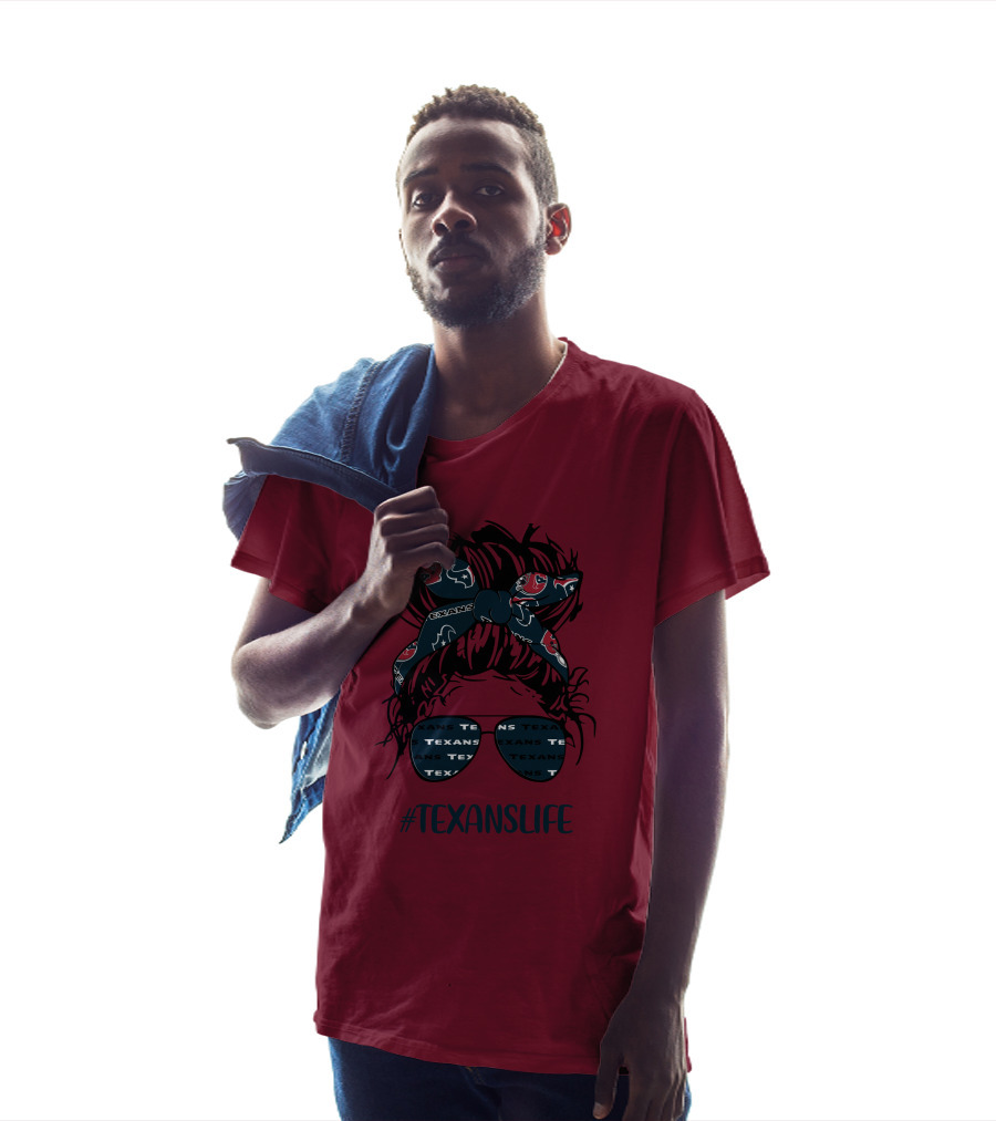 Houston Texans Hashtag Texanslife Messy Bun Headband Glasses T-Shirt