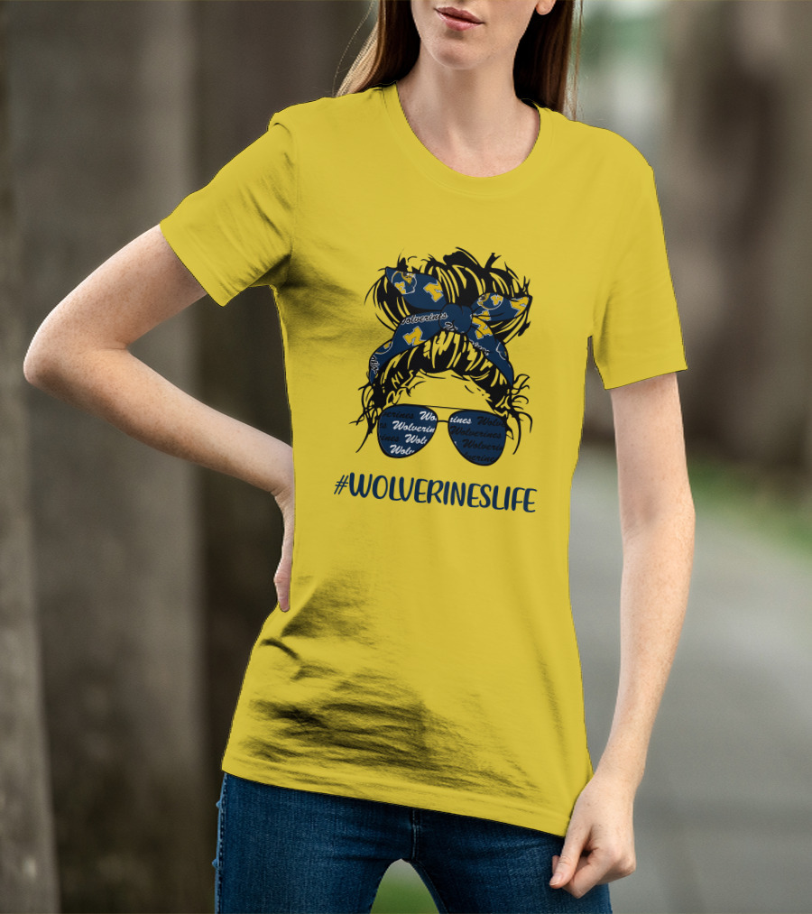 Michigan Wolverines Life Messy Bun Girl Headband Glasses Wolverines T-Shirt