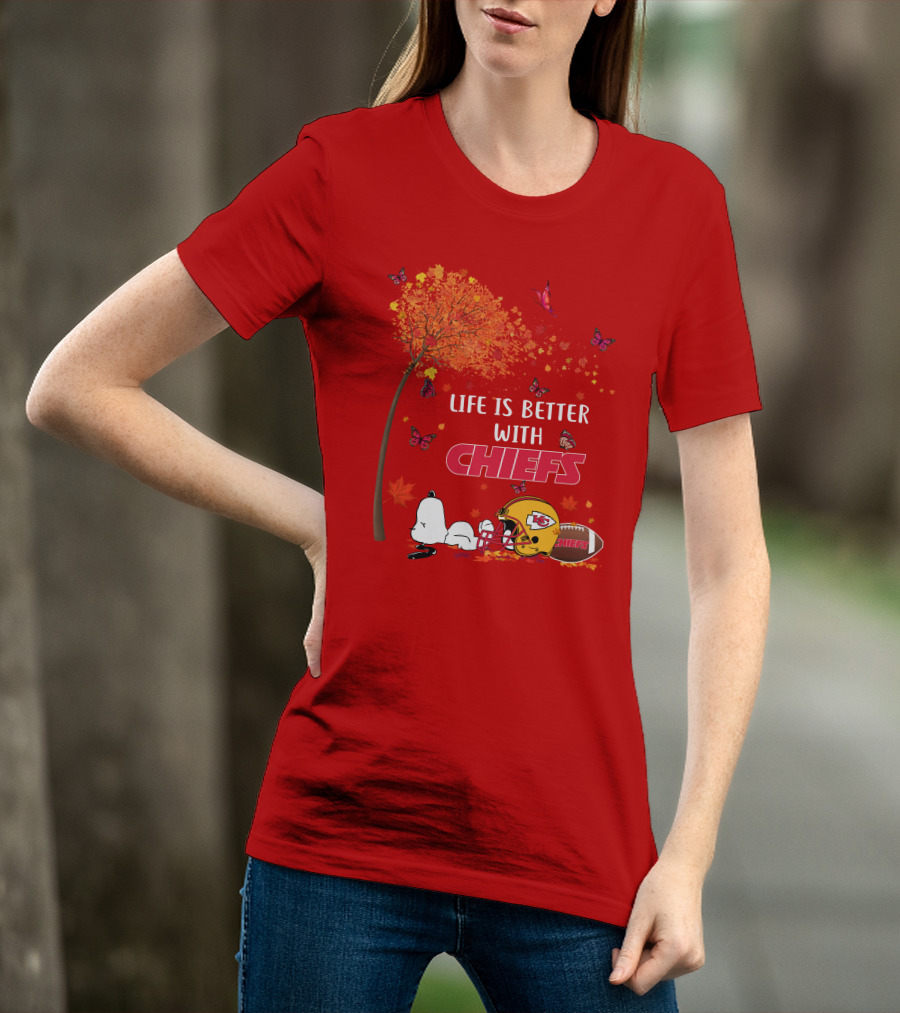 Life Is Better With Chiefs Fall Football Theme Snoopy And Butterflies T-Shirt