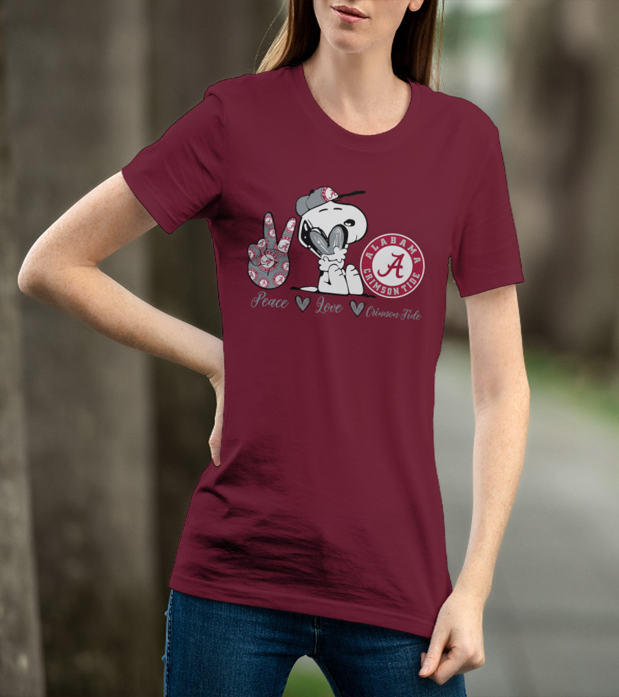 Peace Love Alabama Crimson Tide Snoopy Football Fan Gear T-Shirt