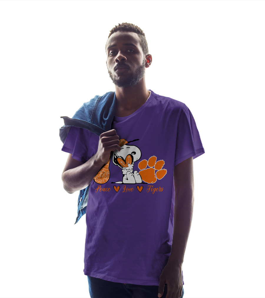 Peace Love Clemson Tigers Snoopy With Paw Print And Heart Icons T-Shirt