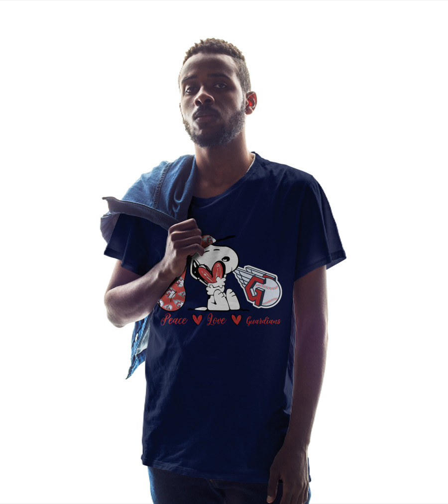 Snoopy Peace Love Cleveland Guardians Baseball Iconic Imagery With Red Heart And Cap T-Shirt