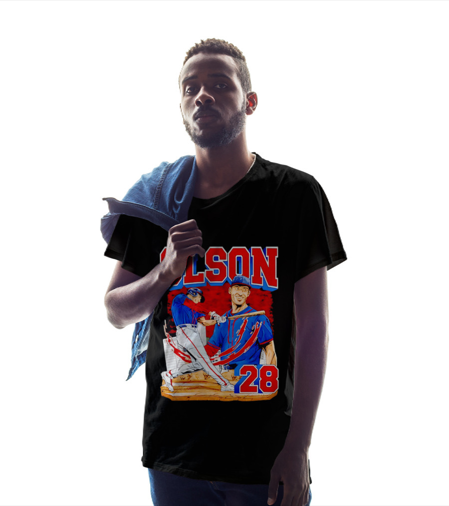 Olson 28 Baseball Player Blue And Red Hand Drawn T-Shirt