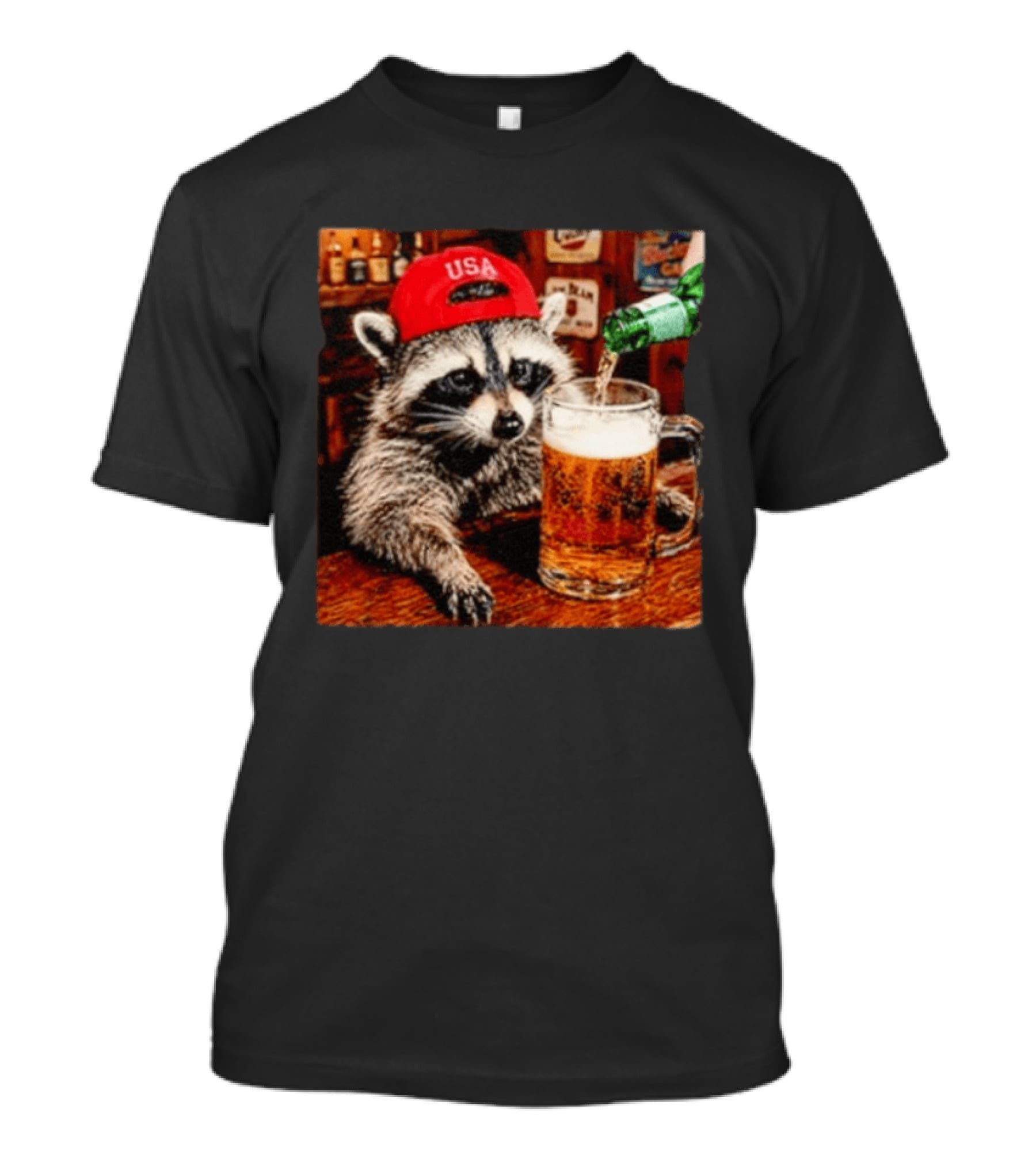 Patriotic Raccoon USA Hat Drinking Beer In Bar Scene T-Shirt