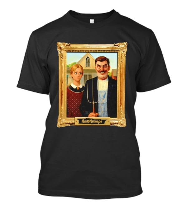 Hello Neighbor American Gothic Man Pitchfork Girl Painting Frame T-Shirt