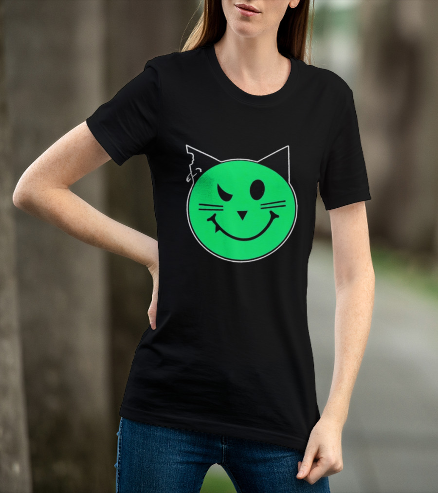 Taliesin Wearing MeowMeowz Smiling Cat Face With Green Circle Black Ears Whiskers T-Shirt